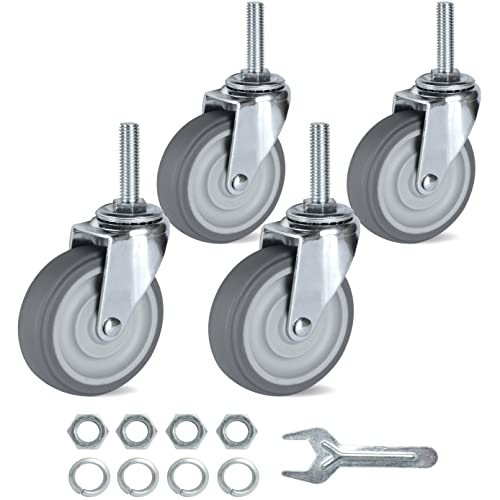 Finnhomy Caster Wheels 3 Inch Set of 4 Heavy Duty Threaded Stem Casters 3/8"-16 x 1-1/2" Swivel Rubber Industrial Castors Premium Wheels for Wire Shelving/Furniture/Carts Load Bearing 720 Lbs Gray - Image 1