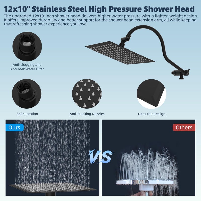 Hibbent 12'' All Metal CUPC Certified Shower Head, High Pressure Rainfall Shower Head, Handheld Showerhead Combo, 12'' Adjustable Extension Arm, 10-Spray, 71'' Hose, Showerhead Holder, Matte Black - Image 4