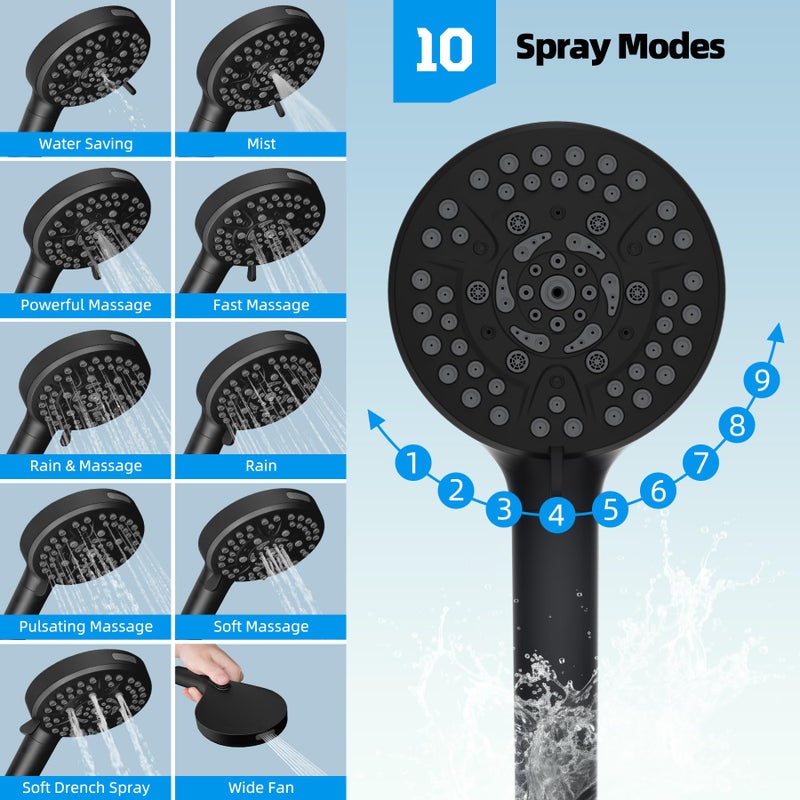 Hibbent 12'' All Metal CUPC Certified Shower Head, High Pressure Rainfall Shower Head, Handheld Showerhead Combo, 12'' Adjustable Extension Arm, 10-Spray, 71'' Hose, Showerhead Holder, Matte Black - Image 5