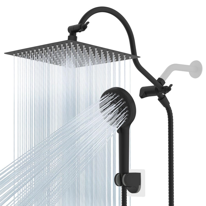 Hibbent 12'' All Metal CUPC Certified Shower Head, High Pressure Rainfall Shower Head, Handheld Showerhead Combo, 12'' Adjustable Extension Arm, 10-Spray, 71'' Hose, Showerhead Holder, Matte Black - Image 1
