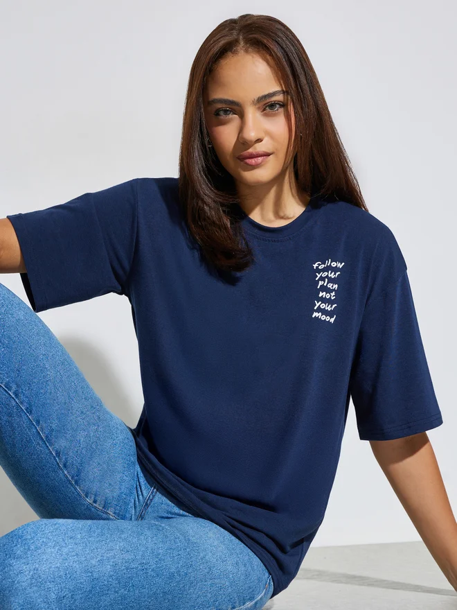 Styli Dark Blue Slogan Oversized T-Shirt