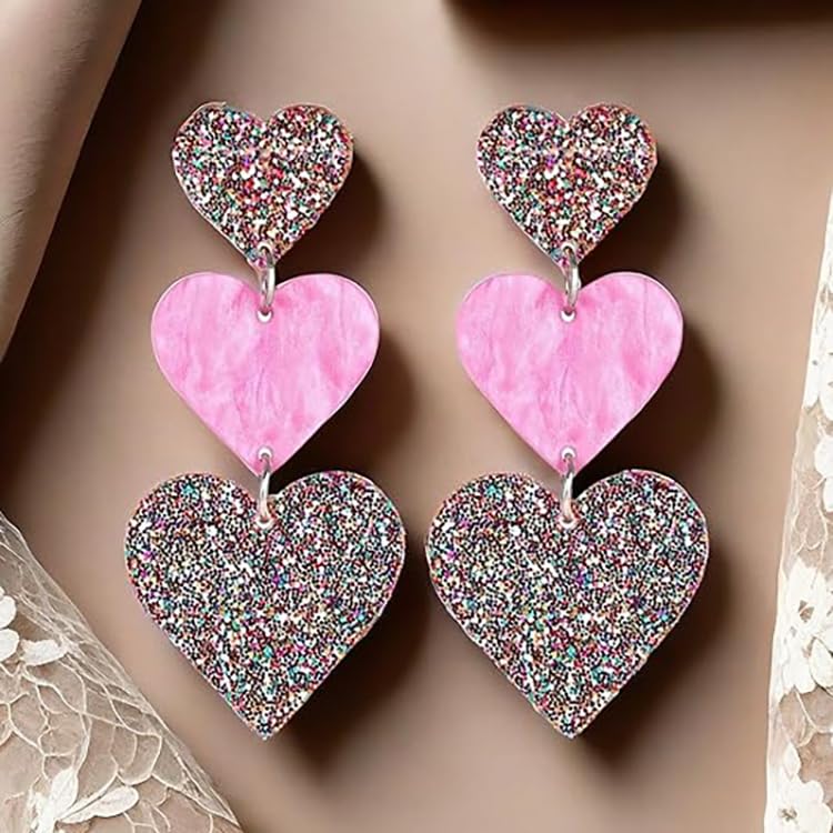 AIZIXIN Glitter Rainbow Heart Earrings Dangle Valentine's Day Earrings,Acrylic Cute Love Dangling Heart Shaped Earrings for Women Gift. - Image 4