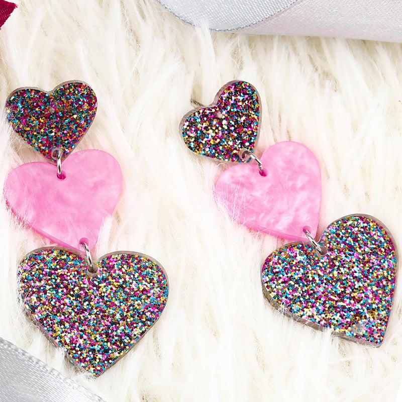 AIZIXIN Glitter Rainbow Heart Earrings Dangle Valentine's Day Earrings,Acrylic Cute Love Dangling Heart Shaped Earrings for Women Gift. - Image 2
