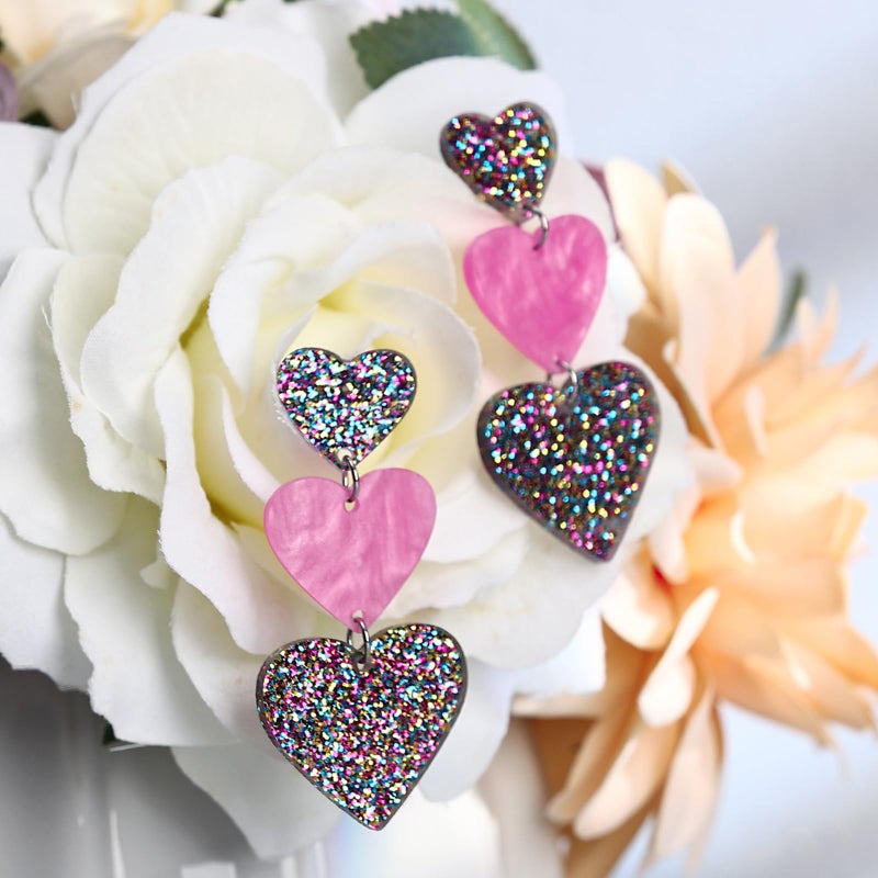 AIZIXIN Glitter Rainbow Heart Earrings Dangle Valentine's Day Earrings,Acrylic Cute Love Dangling Heart Shaped Earrings for Women Gift. - Image 3
