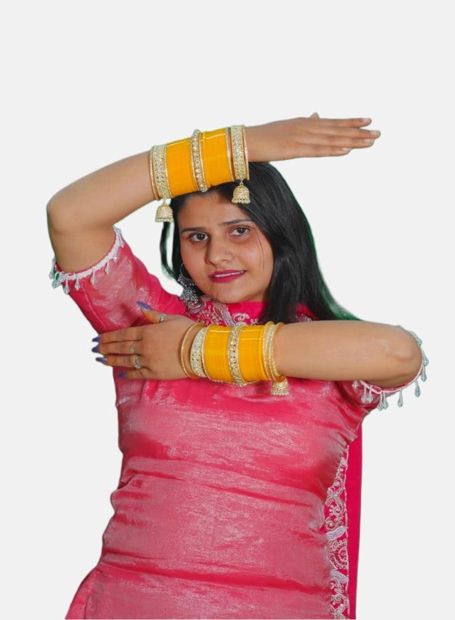 BANGLESKART طقم أساور تشودا البنجابية للعرائس من بانغلسكارت للنساء (طقم من قطعة واحدة) أساور صفراء (2.8) (2.2) - Image 4