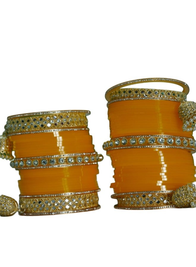BANGLESKART طقم أساور تشودا البنجابية للعرائس من بانغلسكارت للنساء (طقم من قطعة واحدة) أساور صفراء (2.8) (2.2) - Image 3