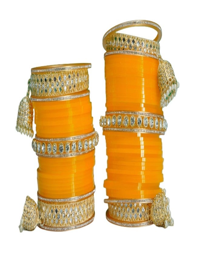BANGLESKART طقم أساور تشودا البنجابية للعرائس من بانغلسكارت للنساء (طقم من قطعة واحدة) أساور صفراء (2.8) (2.2) - Image 1