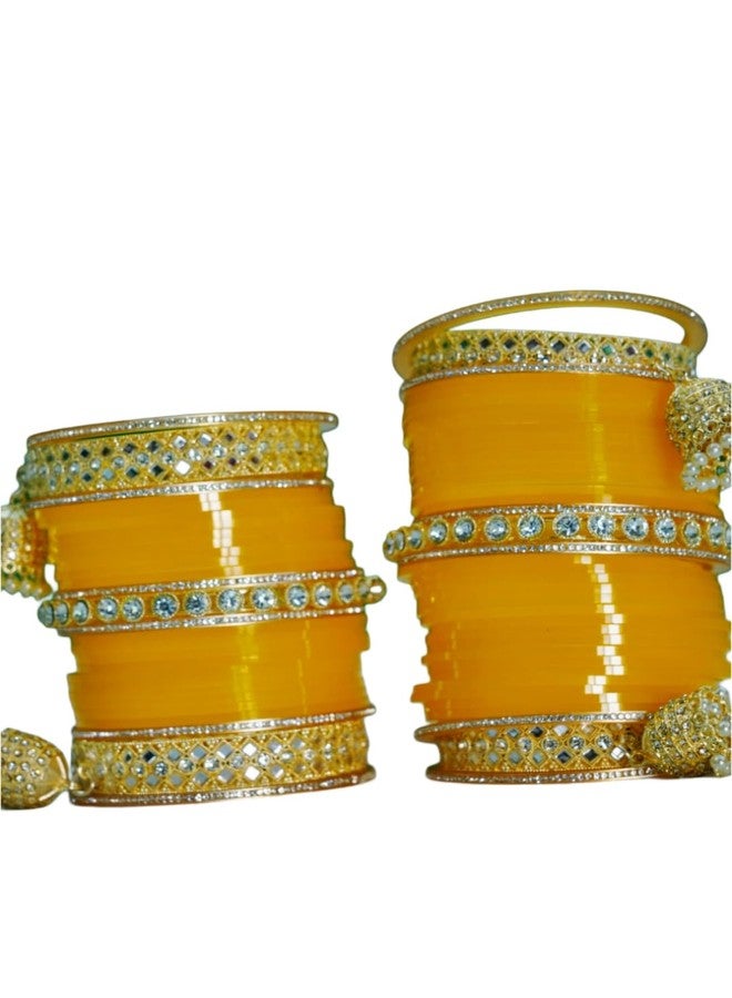 BANGLESKART طقم أساور تشودا البنجابية للعرائس من بانغلسكارت للنساء (طقم من قطعة واحدة) أساور صفراء (2.8) (2.2) - Image 2
