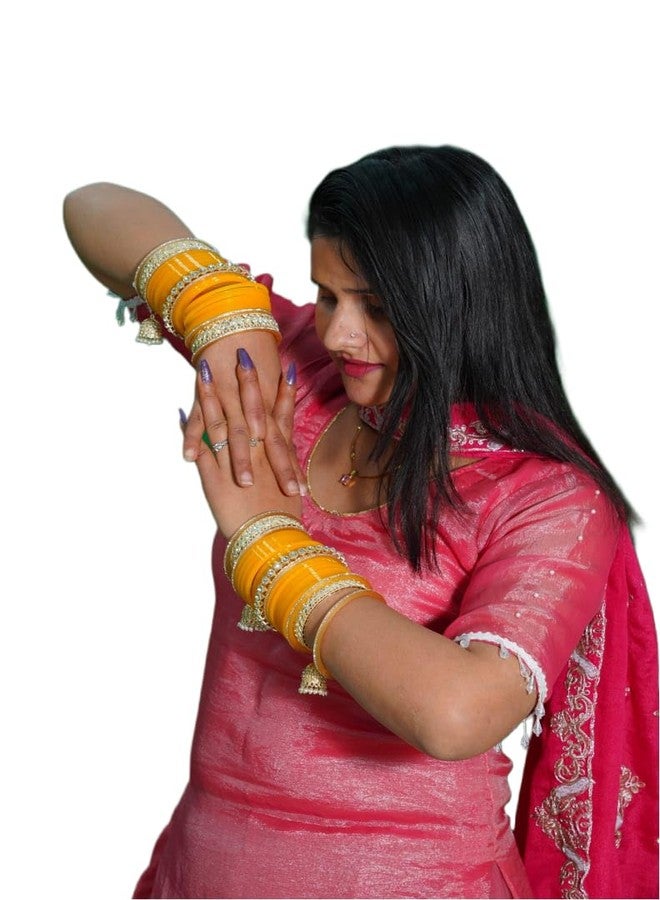 BANGLESKART طقم أساور تشودا البنجابية للعرائس من بانغلسكارت للنساء (طقم من قطعة واحدة) أساور صفراء (2.8) (2.2) - Image 5