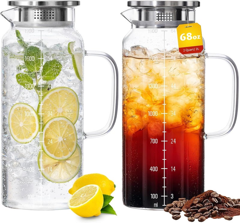 VA1KENE 2-Pack 68oz Glass Pitcher with Lid and Handle – Borosilicate Glass Carafe for Hot/Cold Drinks, 2 Liters High-Temperature Resistant Water Pitcher Perfect for Iced Tea, Coffee, Milk, and Fridge Storage - Image 1