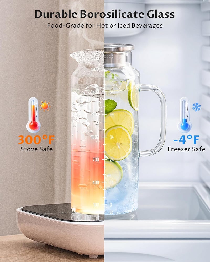 VA1KENE 2-Pack 68oz Glass Pitcher with Lid and Handle – Borosilicate Glass Carafe for Hot/Cold Drinks, 2 Liters High-Temperature Resistant Water Pitcher Perfect for Iced Tea, Coffee, Milk, and Fridge Storage - Image 3