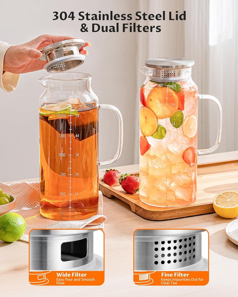 VA1KENE 2-Pack 68oz Glass Pitcher with Lid and Handle – Borosilicate Glass Carafe for Hot/Cold Drinks, 2 Liters High-Temperature Resistant Water Pitcher Perfect for Iced Tea, Coffee, Milk, and Fridge Storage - Image 4