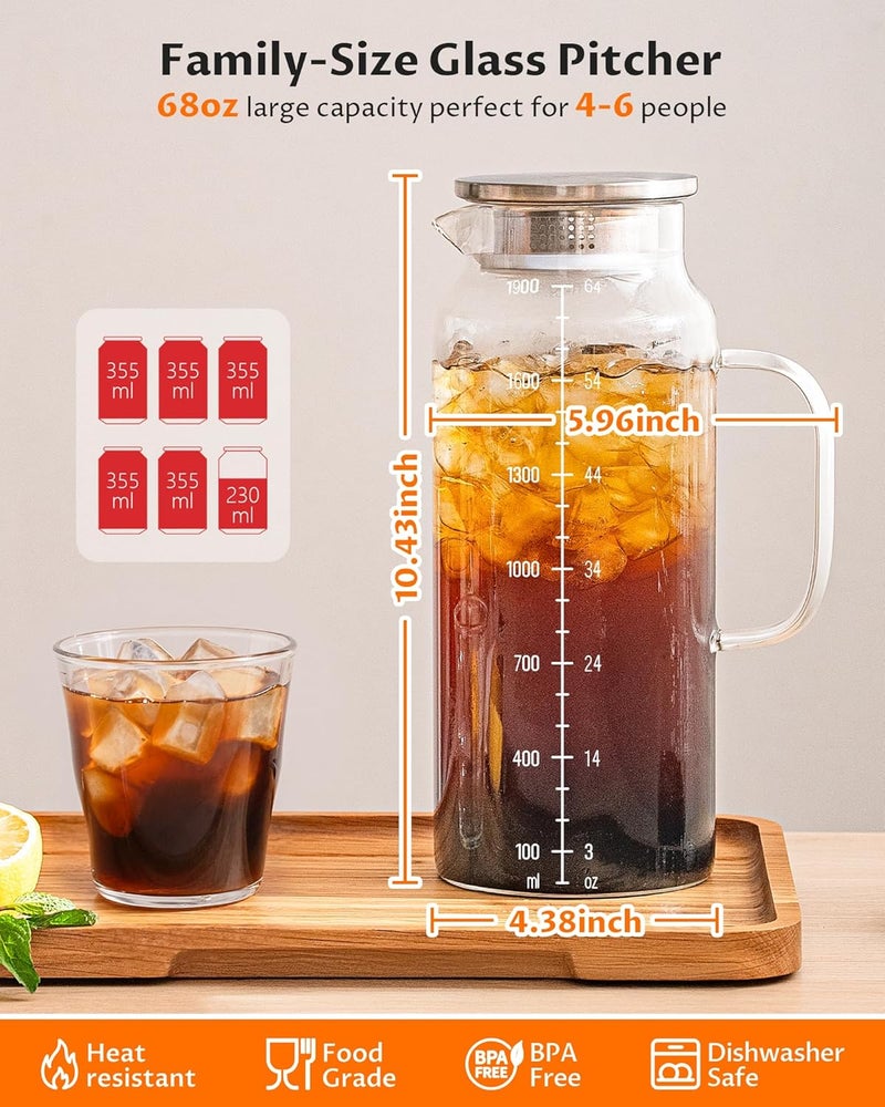 VA1KENE 2-Pack 68oz Glass Pitcher with Lid and Handle – Borosilicate Glass Carafe for Hot/Cold Drinks, 2 Liters High-Temperature Resistant Water Pitcher Perfect for Iced Tea, Coffee, Milk, and Fridge Storage - Image 2