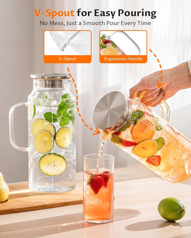 VA1KENE 2-Pack 68oz Glass Pitcher with Lid and Handle – Borosilicate Glass Carafe for Hot/Cold Drinks, 2 Liters High-Temperature Resistant Water Pitcher Perfect for Iced Tea, Coffee, Milk, and Fridge Storage - Image 5