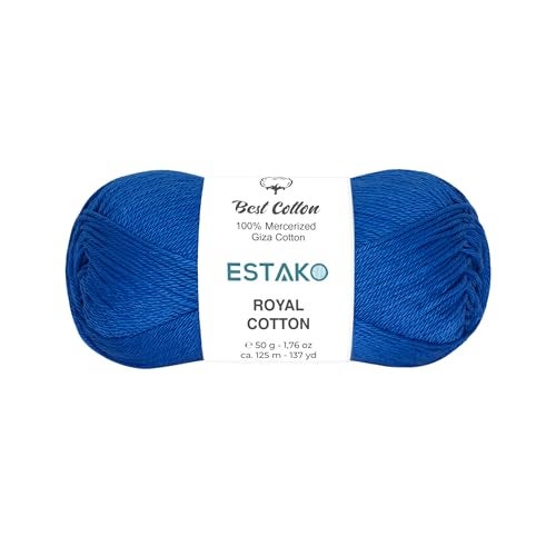 Estako Royal Cotton, 100% Mercerized Giza Cotton Yarn, Soft, Super Fino 1 for Crochet and Knitting 1.76 Oz (50g) / 137 Yrds (125m) (5077 - Royal Blue) - Image 1