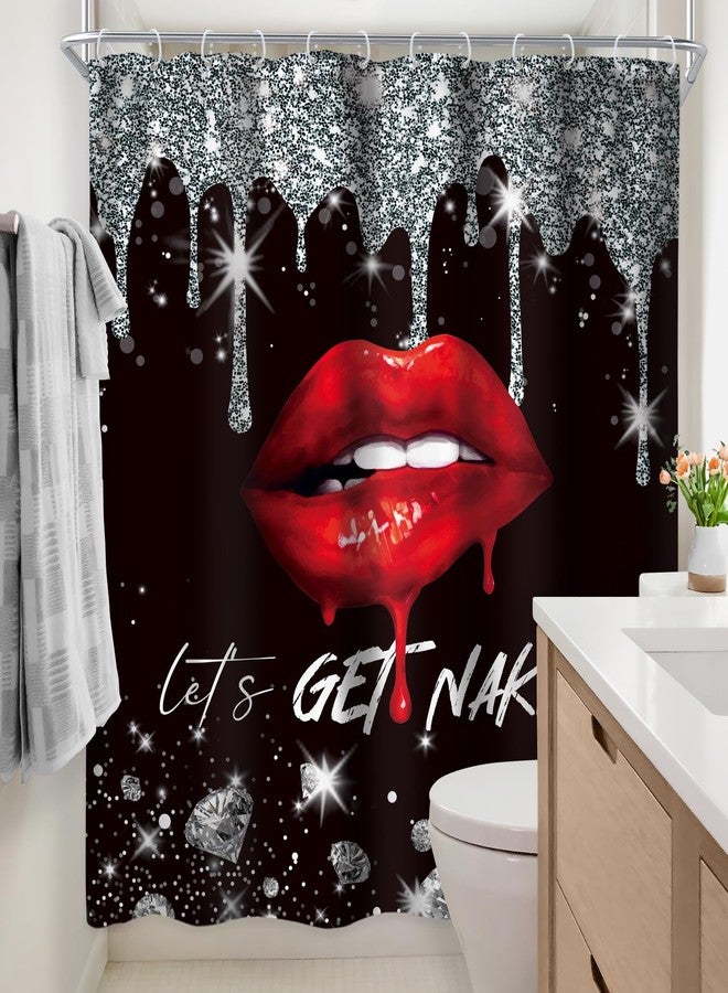 Newsely Black Silver Diamonds Shower Curtain 72Wx72L Inch Red Lips (No Glitter) Luxury Aesthetic Elegant Get Naked Girly Women Bathroom Set Modern Waterproof Bath Decoration Accessories Home Decor - Image 4