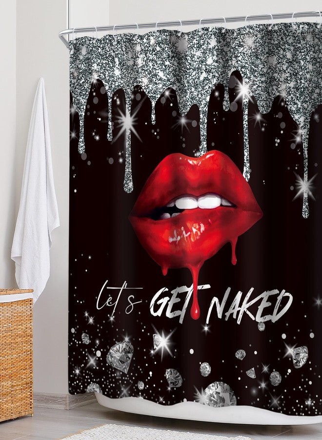 Newsely Black Silver Diamonds Shower Curtain 72Wx72L Inch Red Lips (No Glitter) Luxury Aesthetic Elegant Get Naked Girly Women Bathroom Set Modern Waterproof Bath Decoration Accessories Home Decor - Image 3
