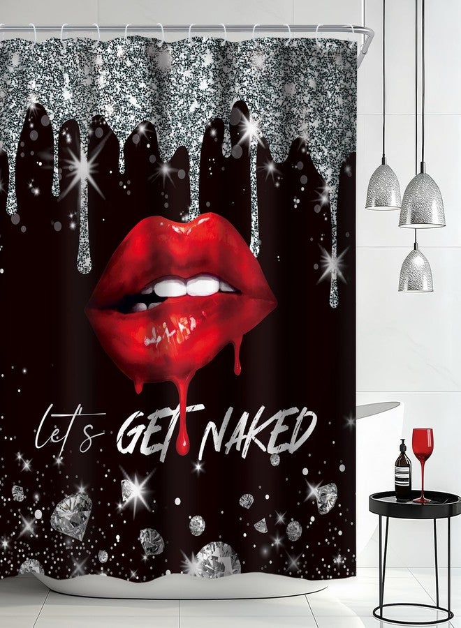 Newsely Black Silver Diamonds Shower Curtain 72Wx72L Inch Red Lips (No Glitter) Luxury Aesthetic Elegant Get Naked Girly Women Bathroom Set Modern Waterproof Bath Decoration Accessories Home Decor - Image 1