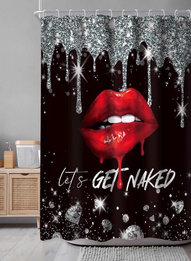 Newsely Black Silver Diamonds Shower Curtain 72Wx72L Inch Red Lips (No Glitter) Luxury Aesthetic Elegant Get Naked Girly Women Bathroom Set Modern Waterproof Bath Decoration Accessories Home Decor - Image 2