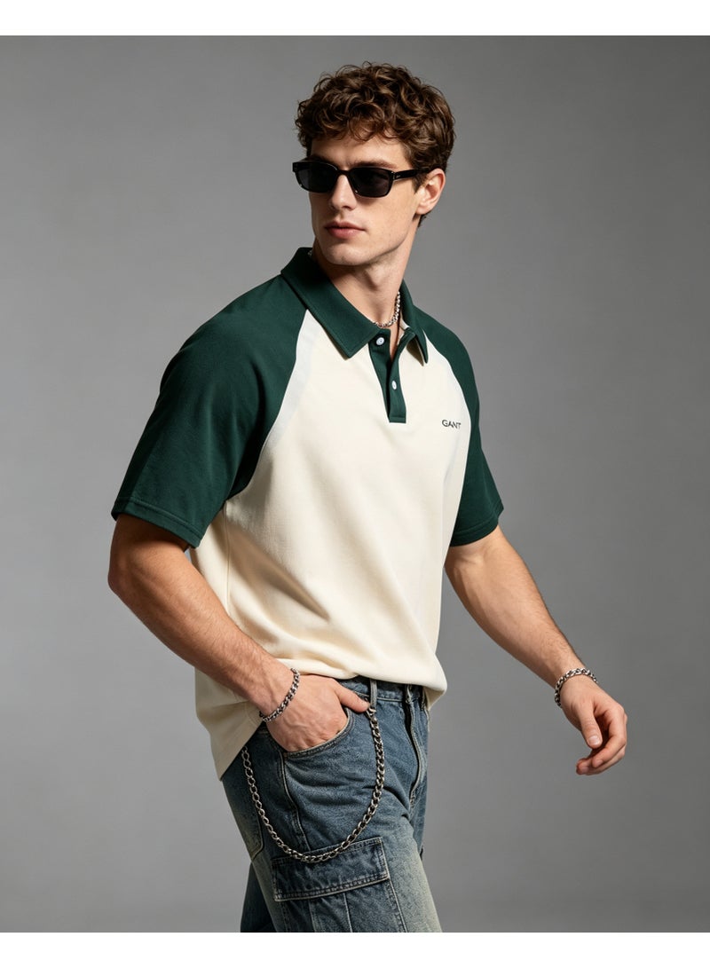 GANT Unisex Short Sleeve Raglan Polo Shirt Casual Daily Wear Off‑White Dark Green - Image 3