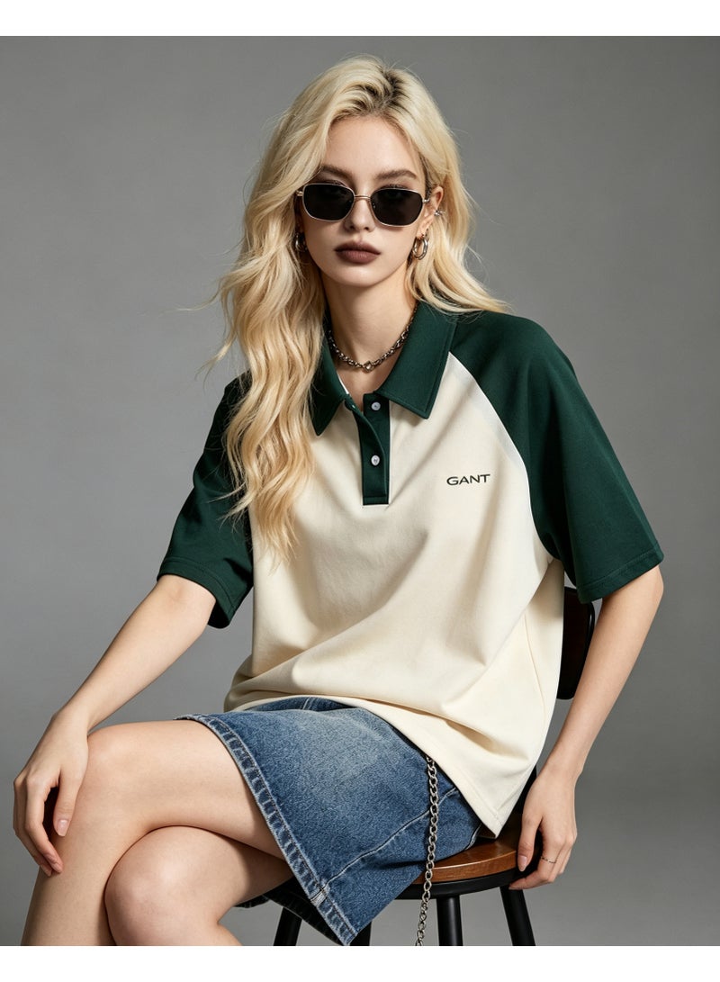 GANT Unisex Short Sleeve Raglan Polo Shirt Casual Daily Wear Off‑White Dark Green - Image 2