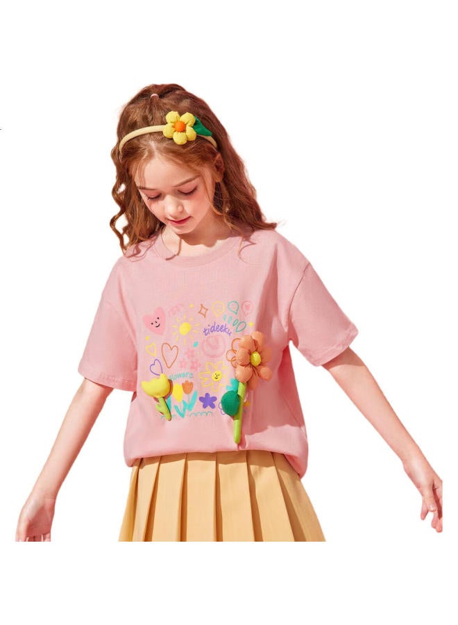 Ask Junior Girls' Short Sleeve T-Shirt Summer Thin Big Kids Floral T-Shirt Top Pink 150 - Image 2