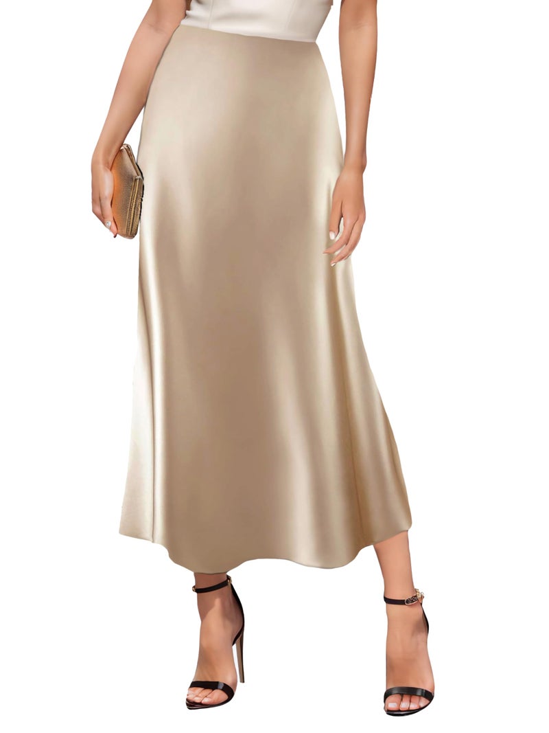 GOLDSTITCH Women's Satin High Waist Skirts Elegant Flared Casual A Line Maxi Skirt Champagne - Image 1