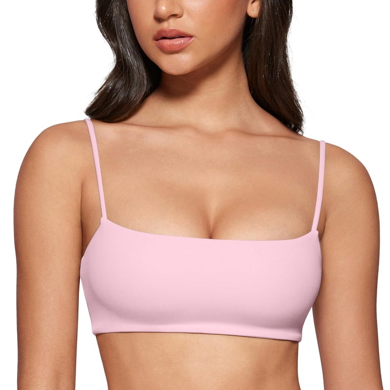 INGIA Women's Square Neck Sports Bra Spaghetti Strap Padded Cami Yoga Wireless Square Back Workout Bra Crop Top Milk Pink Medium - Image 1