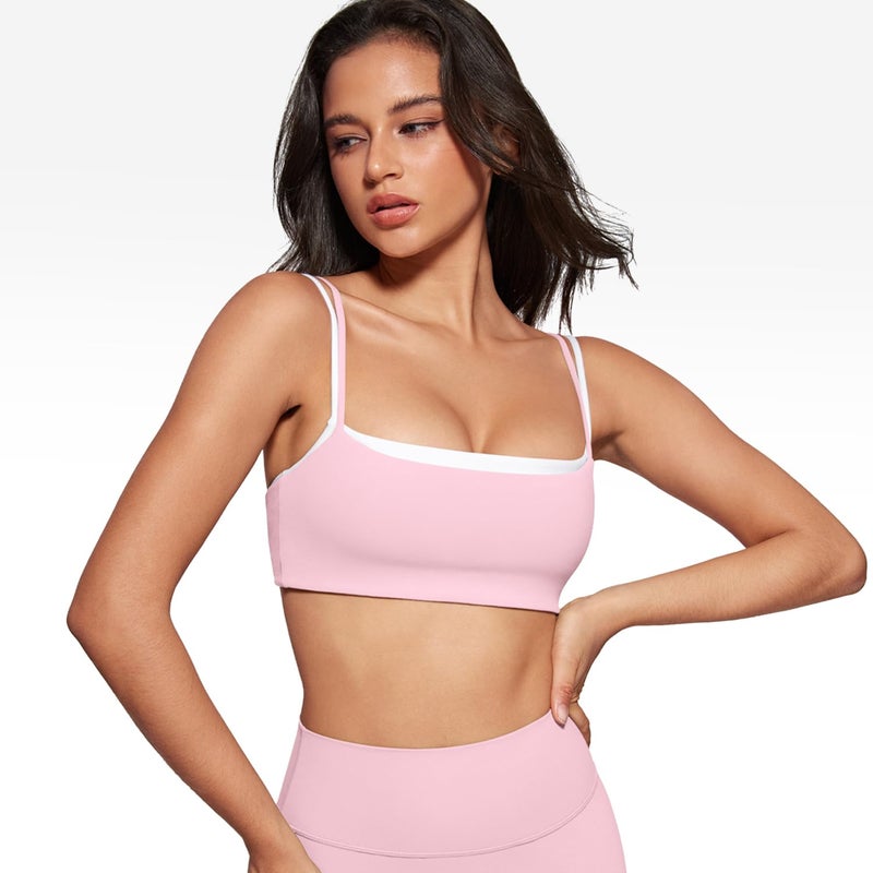 INGIA Women's Square Neck Sports Bra Spaghetti Strap Padded Cami Yoga Wireless Square Back Workout Bra Crop Top Milk Pink Medium - Image 5