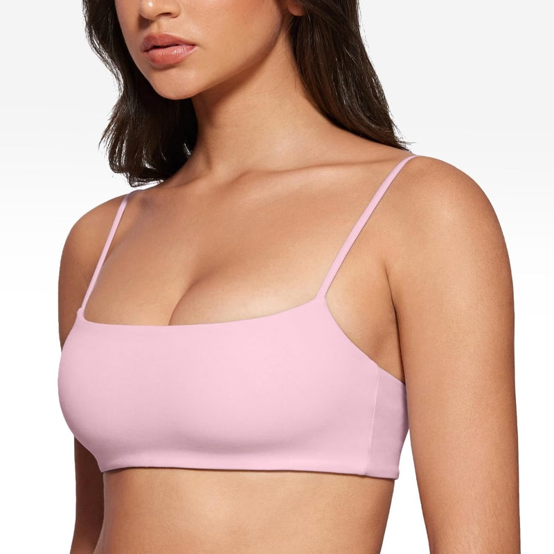 INGIA Women's Square Neck Sports Bra Spaghetti Strap Padded Cami Yoga Wireless Square Back Workout Bra Crop Top Milk Pink Medium - Image 3