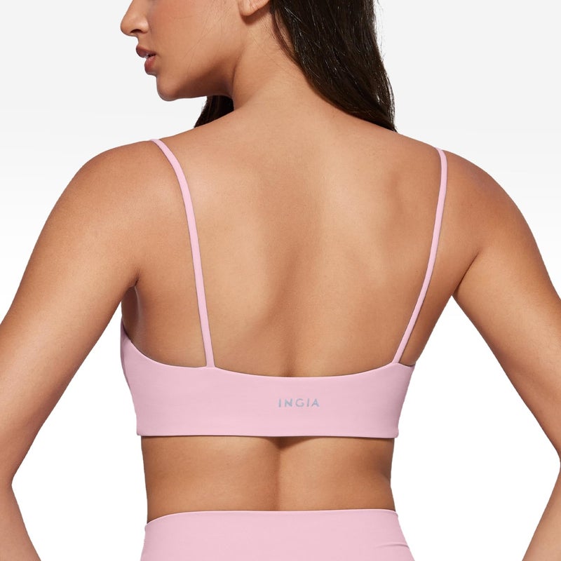 INGIA Women's Square Neck Sports Bra Spaghetti Strap Padded Cami Yoga Wireless Square Back Workout Bra Crop Top Milk Pink Medium - Image 2