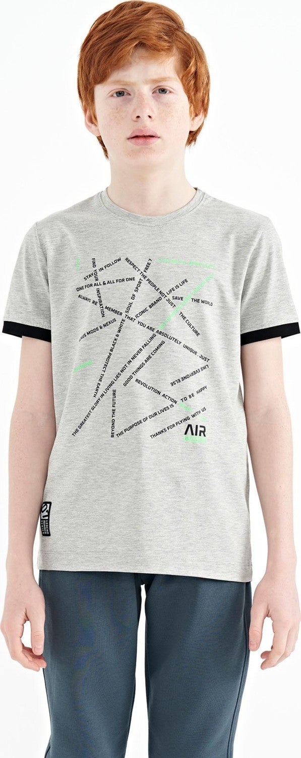 Tommy Life Gray Melange Minimal Text Printed Standard Pattern O Neck Boy T-Shirt - 11132 - Image 1
