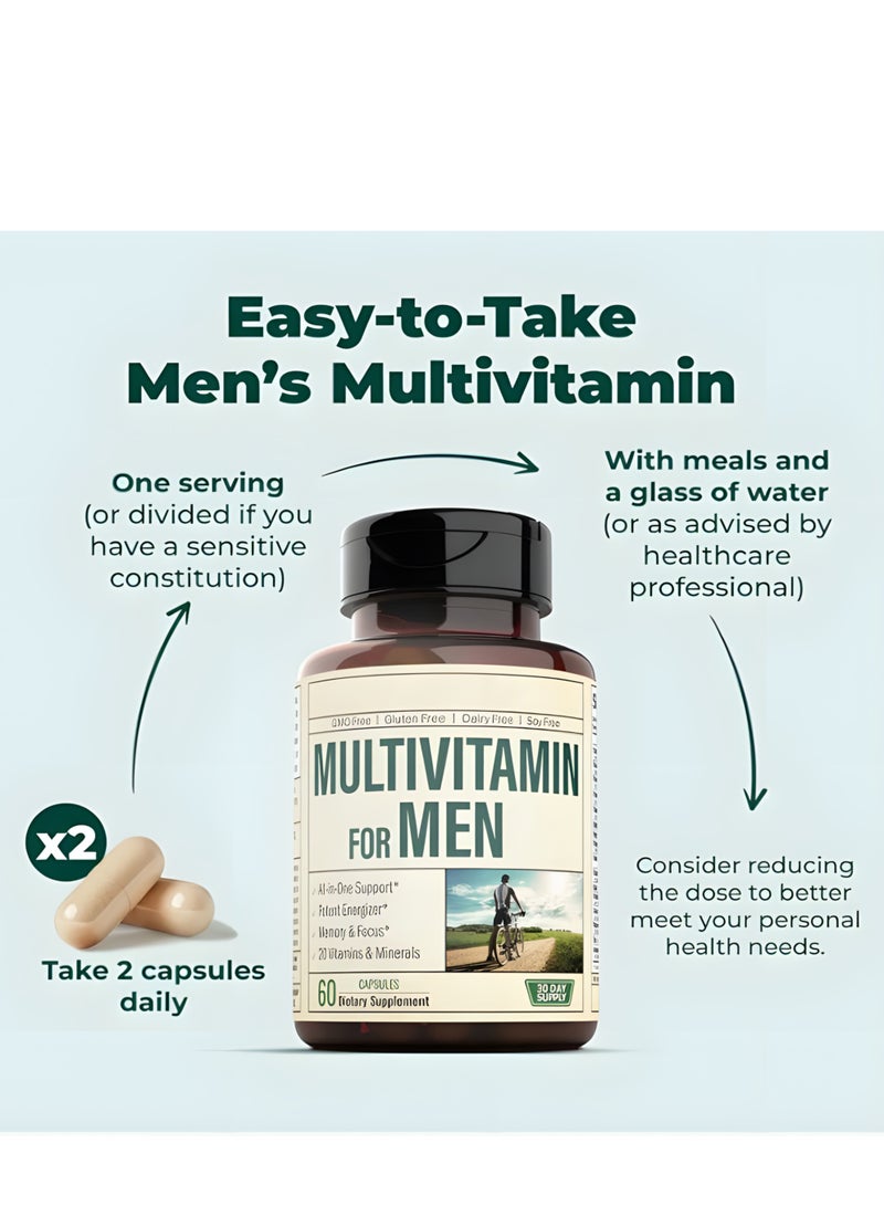 Multivitamin فيتامينات متعددة للرجال - مكملات فيتامينات يومية للرجال مع فيتامين أ، فيتامين ج، فيتامين د، فيتامينات هـ و ب12، زنك، كالسيوم، مغنيسيوم والمزيد لدعم الطاقة وصحة المناعة. 30 يومًا من الإمدادات. - Image 4