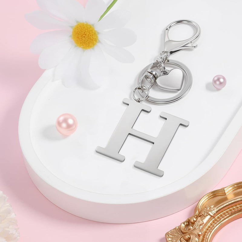 MWOOT Initial Letter Keychain - Stainless Steel Alphabet Key Ring with Heart Pendant, Silver-H - Image 2