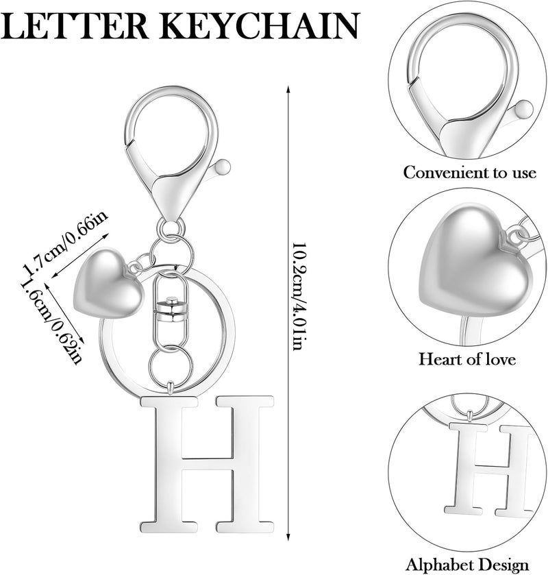 MWOOT Initial Letter Keychain - Stainless Steel Alphabet Key Ring with Heart Pendant, Silver-H - Image 3