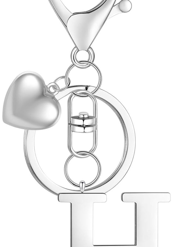 MWOOT Initial Letter Keychain - Stainless Steel Alphabet Key Ring with Heart Pendant, Silver-H - Image 1