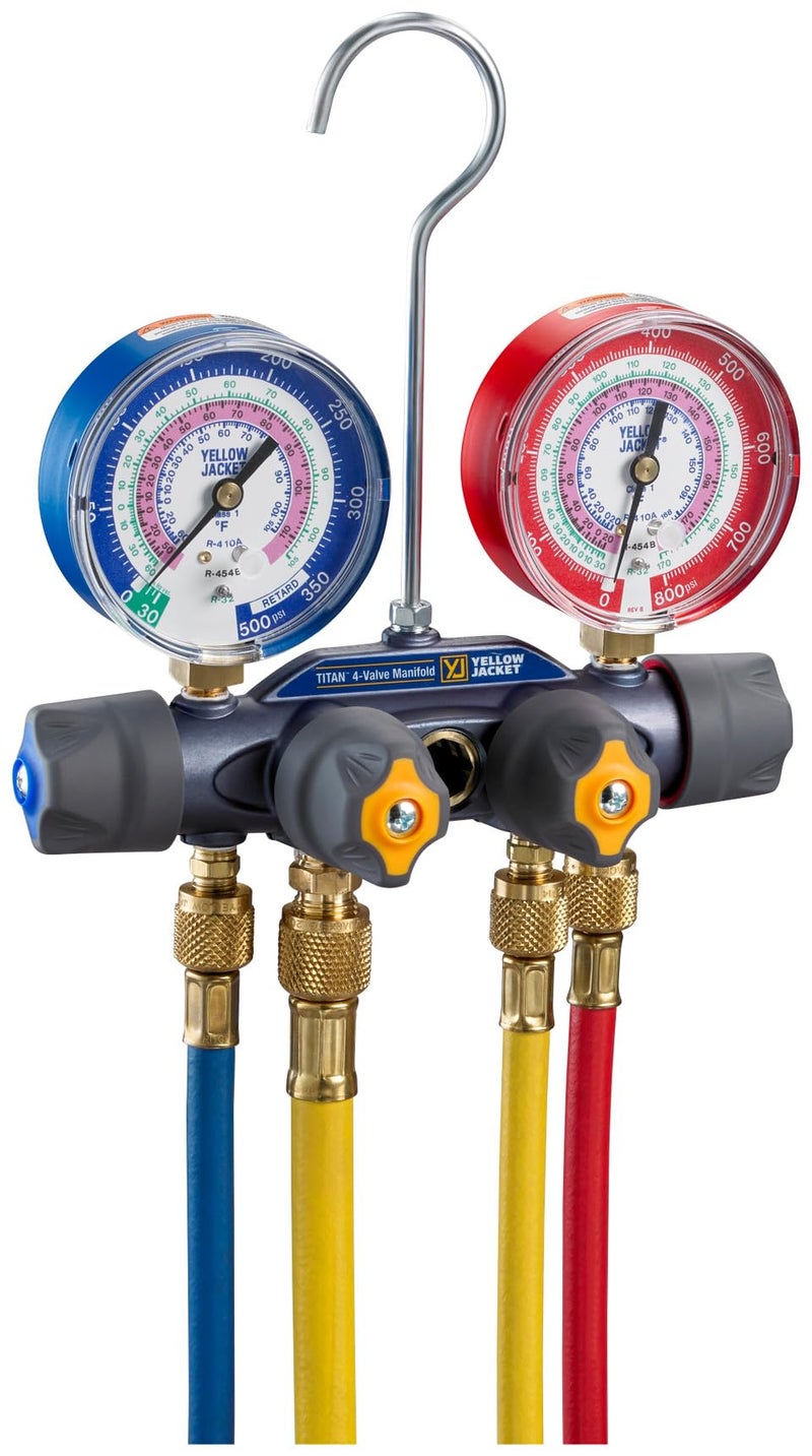 Yellow Jacket 49975 4-Valve Titan Test/Charging Manifold, (psi °F) R32/454B/410A, 3-1/8" Gauges (60" Plus II R/Y/B Hoses/Vacuum Charging Hose) - Image 5
