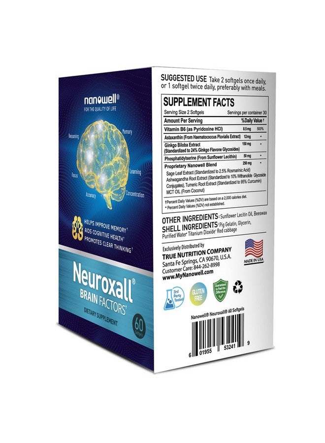 NANOWELL Neuroxall Brain Factors - Cognitive Support with Vitamin B6, Astaxanthin, Ginkgo Biloba Extract & Phosphatidylserine - Boosts Brain Health, Memory & Focus - 60 Softgels - Image 2