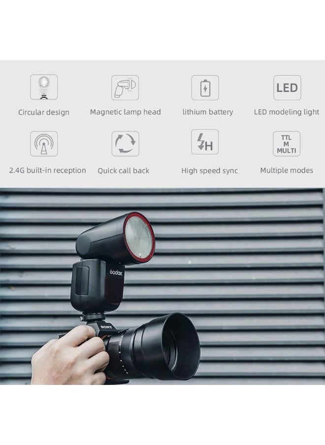 Godox Godox V1-S TTL Camera Flash for Sony – V1 S 76Ws Round Head Speedlight, 2.4G Wireless, HSS 1/8000s, 480 Shots, Li-ion Battery, LED Modeling Lamp – V1S Professional Godox Flash Light  - Image 2