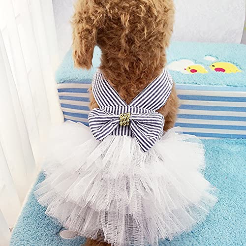 TAPBULL Dog Dresses, Fashion Pet Dog Clothes, Striped Mesh Puppy Dogs Princess Dresses (Blue, Medium) - Image 1