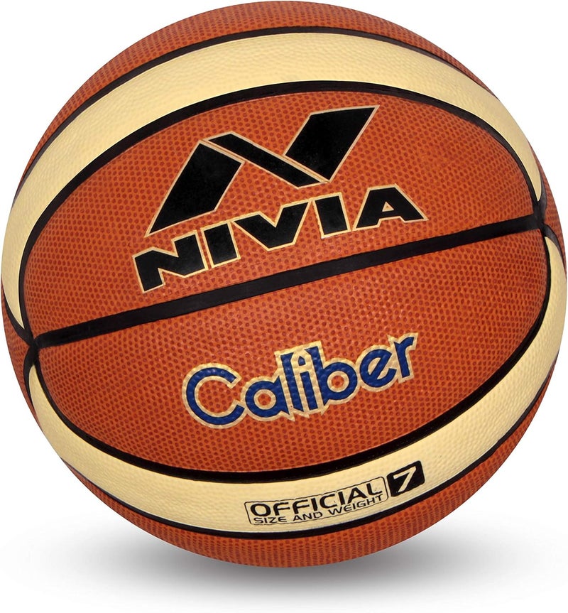 Nivia Caliber Basketball, Soft Rubberized Moulded, 14 Panels, Suitable for Hard Surface, Wooden Flooring & Indoor Synthetic Surface (Size - 7, Brown and Cream) - Image 1