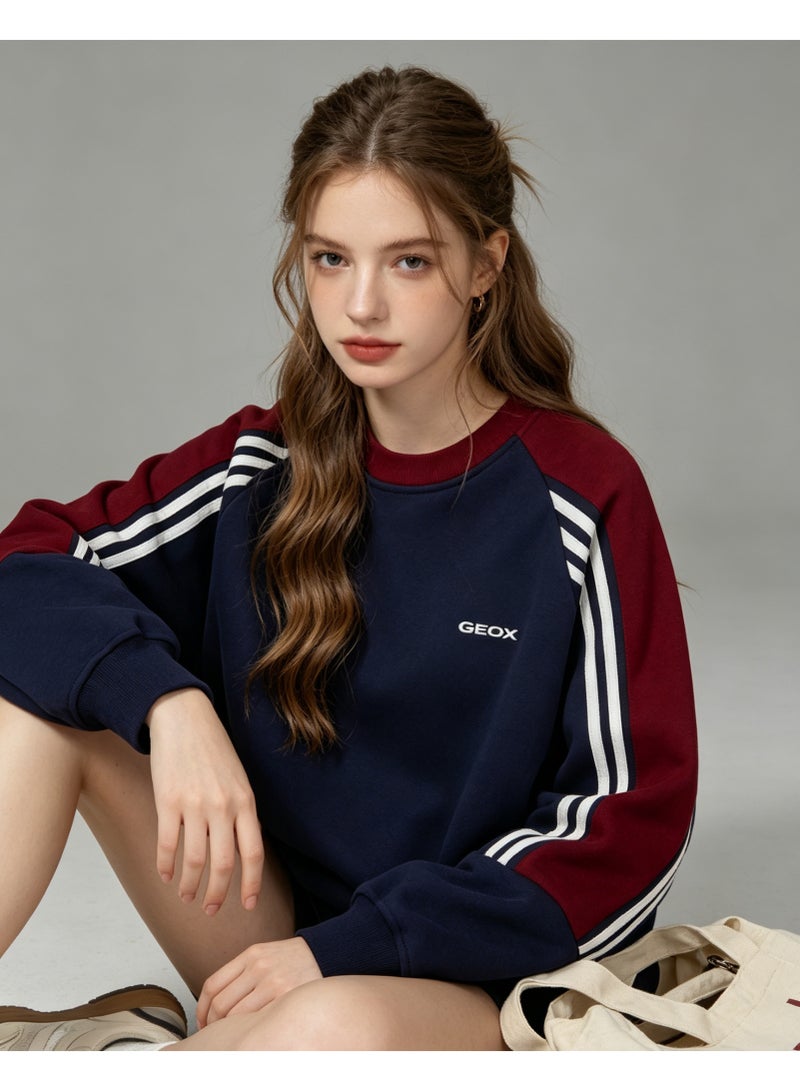 GEOX Unisex Crew Neck Sweatshirt Vintage Washed Oversized Color‑Block Striped Sleeves Casual Sporty Campus Top, Navy Burgundy White - Image 2
