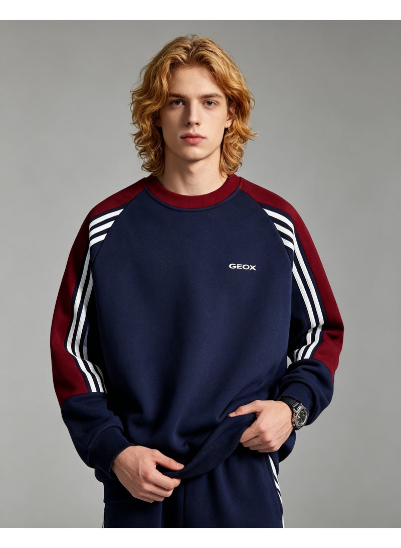 GEOX Unisex Crew Neck Sweatshirt Vintage Washed Oversized Color‑Block Striped Sleeves Casual Sporty Campus Top, Navy Burgundy White - Image 1