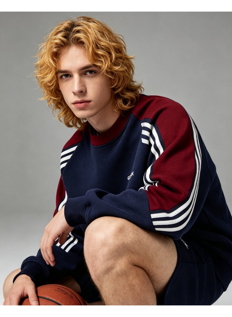 GEOX Unisex Crew Neck Sweatshirt Vintage Washed Oversized Color‑Block Striped Sleeves Casual Sporty Campus Top, Navy Burgundy White - Image 3