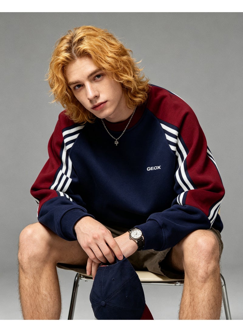 GEOX Unisex Crew Neck Sweatshirt Vintage Washed Oversized Color‑Block Striped Sleeves Casual Sporty Campus Top, Navy Burgundy White - Image 5