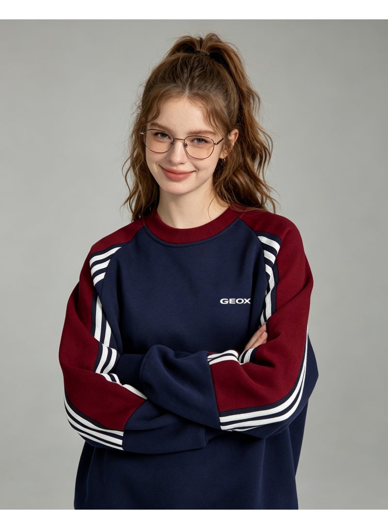 GEOX Unisex Crew Neck Sweatshirt Vintage Washed Oversized Color‑Block Striped Sleeves Casual Sporty Campus Top, Navy Burgundy White - Image 4