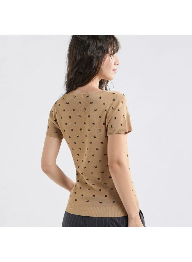 Splash FAV Textured Square Neck T-shirt with Short Sleeves