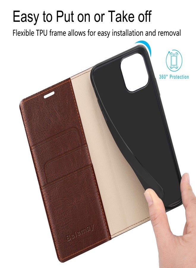 Belemay Compatible with iPhone 15 Pro Case Wallet-Genuine Leather-RFID Blocking Card Holders-Shockproof TPU Shell-Kickstand-Durable Flip Cover-Book Folding Phone Case Women Men (6.1-inch) Brown - Image 4
