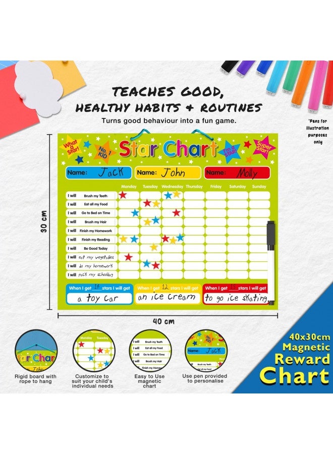 Magnetic Reward / Star / Responsibility / Behavior Chart For Up To 3 Children. Rigid Board 16" X 13" (40 X 32Cm) With Hanging Loop  - Image 1