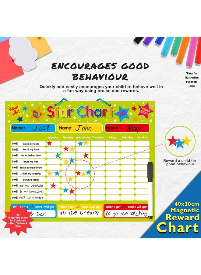 Magnetic Reward / Star / Responsibility / Behavior Chart For Up To 3 Children. Rigid Board 16" X 13" (40 X 32Cm) With Hanging Loop  - Image 5